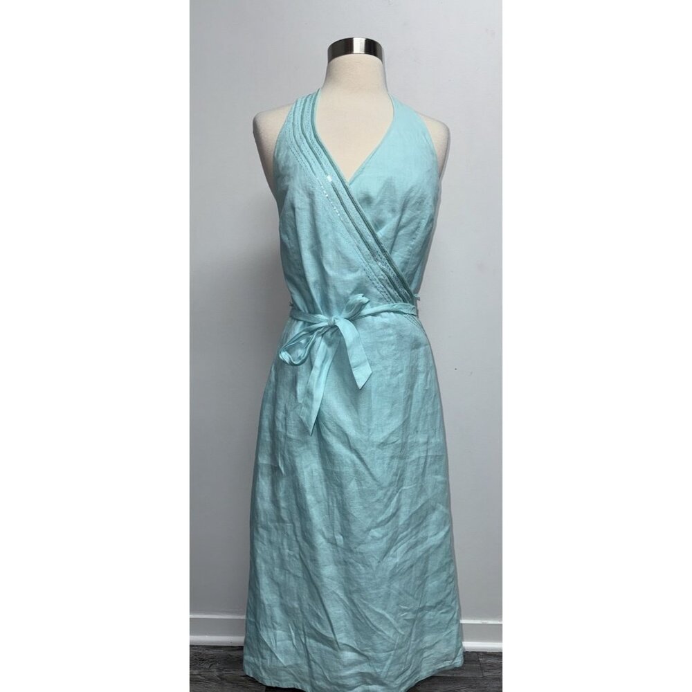 VTG Y2K H&M  Wrap Halter Linen Dress Womens SZ 8 Turquoise Minimalist Boho Retro